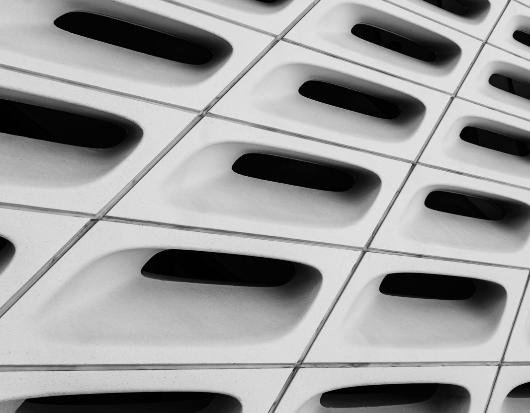 From below of black and white fragment of geometric building of The Broad contemporary art museum located in Los Angeles downtown